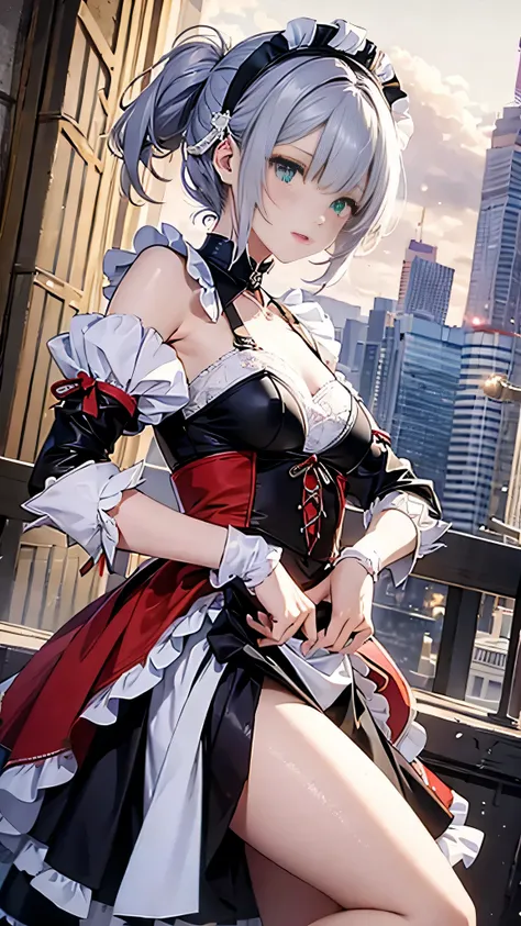 masterpiece, highest quality, figure, Fighting Pose, One girl, Noel Genshin Impact, Silver short hair, Green Eyes, Maid skirt with red side parts, Maid Knight, Maid Knight armor, City Bridge, water,