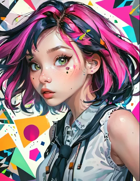 girl with a beautiful face, black and pink hair, defined details, messy school clothes, looking at the camera, "Generate an illustration in a style that blends organic shapes with geometric patterns, emphasizing vibrant colors and dynamic compositions."