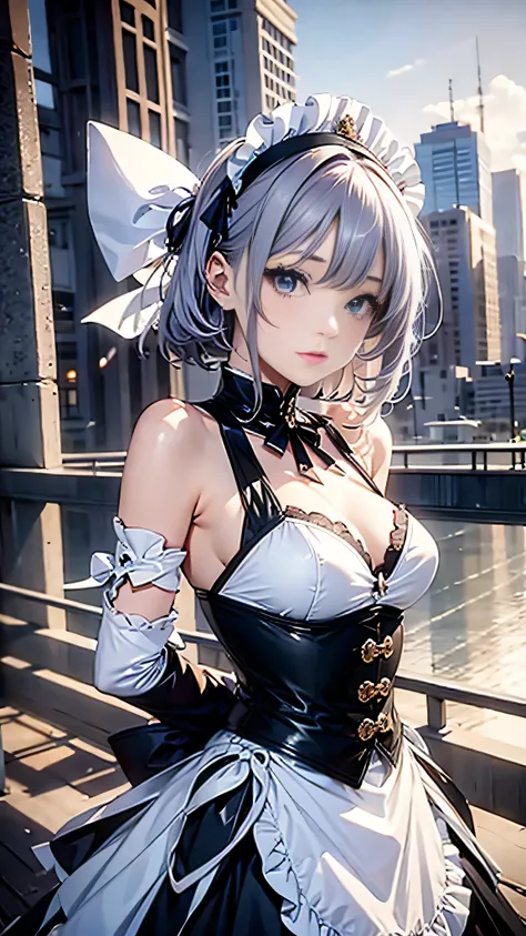 masterpiece, highest quality, figure, Fighting Pose, One girl, Noel Genshin Impact, Silver short hair, Green Eyes, Maid skirt with red side parts, Maid Knight, Maid Knight armor, City Bridge, water,