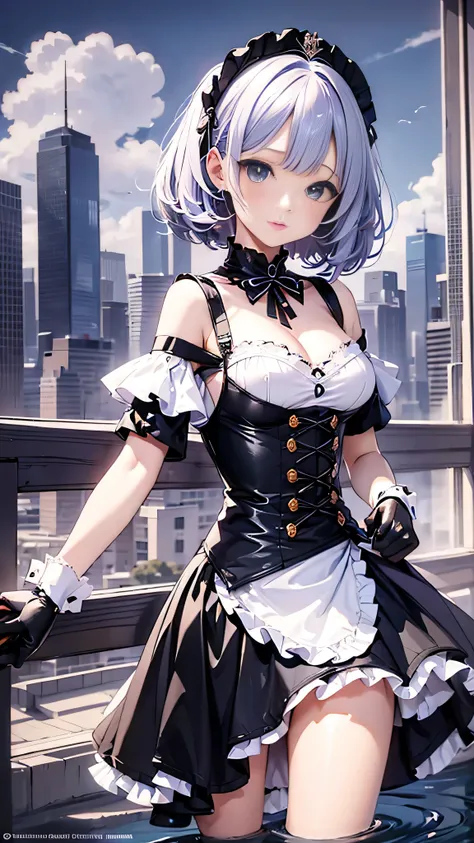 masterpiece, highest quality, figure, Fighting Pose, One girl, Noel Genshin Impact, Silver short hair, Green Eyes, Maid skirt with red side parts, Maid Knight, Maid Knight armor, City Bridge, water,