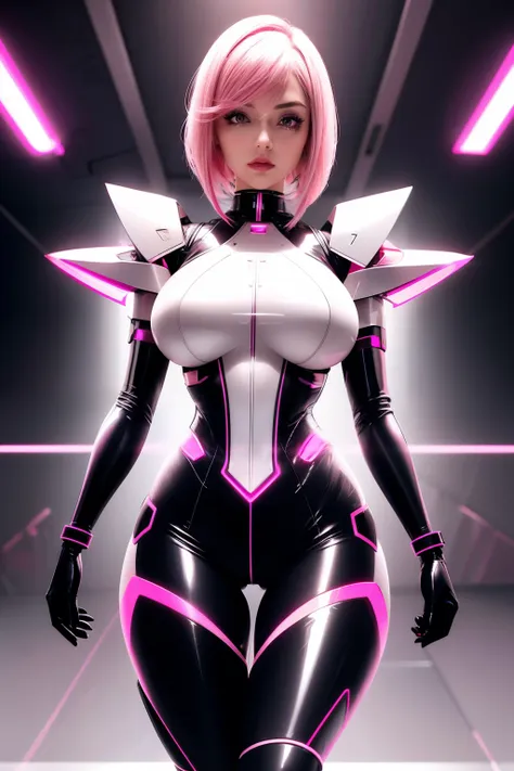 female sex robot, full metal pink skin, pink hair in a french bob haircut, sleek and futuristic appearance, minimalistic backgro...