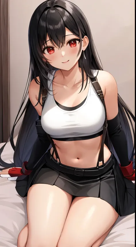 Tifa FF7, One girl, alone, View your viewers, blush, Sitting, On the bed, wariza, Captivating smile, White tank top, Black Skirt, Suspender skirt, abdomen, Black knee socks, Red gloves, good, zettai ryouiki, Bent over, Tilt your head, Small breasts