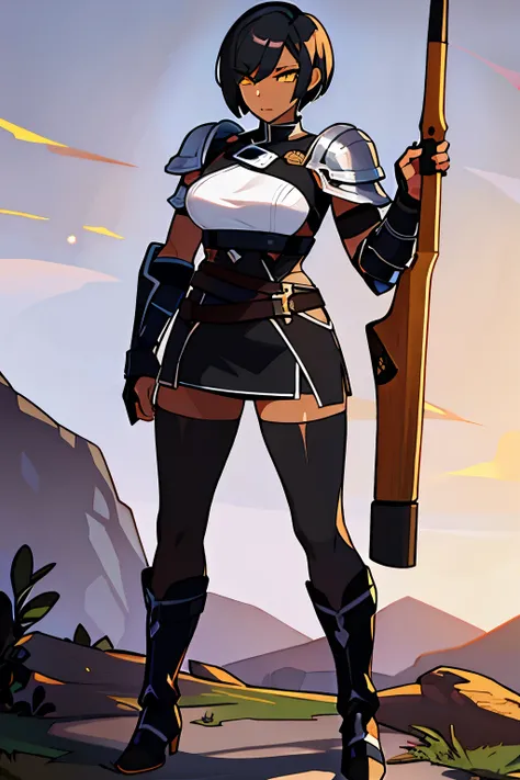 Tall, lightly muscular, woman, buzz haircut, gladiator, light leather body armor, black hard leather skirt, holding a Springfield wooden Rifle, black skin, dark skin, black, yellow cat eyes