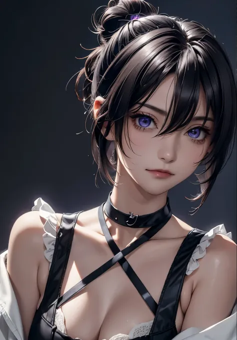 ((masterpiece)), ((ultra-detailed)), pixiv, best shadows, best lighting, best quality, absurdres, highres, cinematic shot, rim lightning, , dark lightning, 1girl, solo, black hair, choker, black choker, looking at viewer, hair bun, medium hair, single hair...