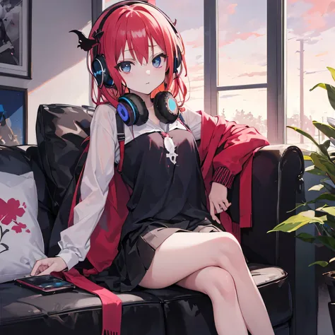 dusk Satanichia Mcdowell dressed in pretty clothes sitting posing while listening to songs with her headphones on