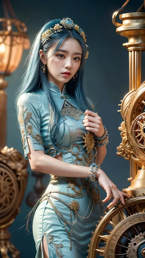 A subtle Chinese woman with a subtle characteristic, full lips,looking at camera， a smooth tan tan tone, blue hair, and blue hair are decorated with countless complex vortex elements, gears, gears, flower patterns, beads Hanging gorgeous jewelry conveys a ...