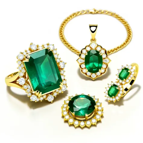 photorealistic image of an intricately designed gold earring with a large, faceted emerald surrounded by tiny, sparkling diamond...