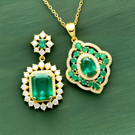 photorealistic image of an intricately designed gold earring with a large, faceted emerald surrounded by tiny, sparkling diamond...