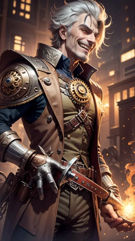 man  stands,steampunk, laughing with mouth wide open, clock engine,king,holding a  sword,half skull mask,colorfull,glowing ,mechanical wonders and the romance of steam-powered machinery,concept art,character,vibrant colors and depth, showcasing gears, cogs...