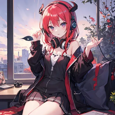 dusk Satanichia Mcdowell dressed in pretty clothes sitting posing while listening to songs with her headphones on