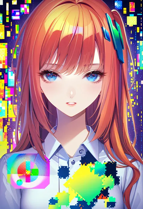 masterpiece, best quality, high quality, highres, absurdres, 1girl,glitch art, (digital distortion):1.2, pixelated fragments, data corruption, colorful noise, visual chaos, contemporary aesthetics