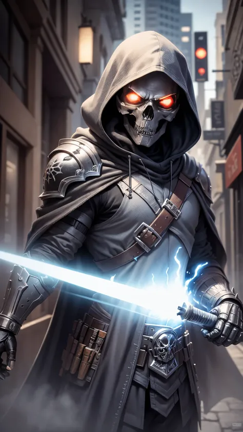 masterpiece, best quality, high resolution, perfect lighting, extremely detailed, (Terminator assasin), battle scared white and black carbon armor, Wearing a dark cloak with hood, skull face just visable under hood, full_armor, humanoid, Metal Human skull ...