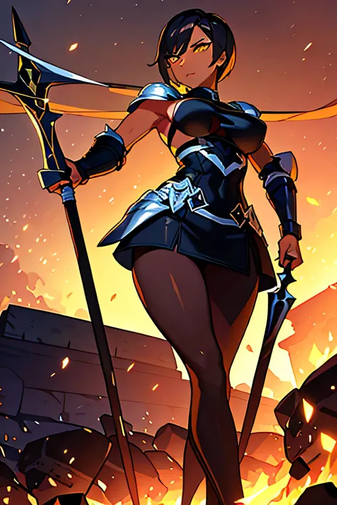 Tall, lightly muscular, woman, buzz haircut, gladiator, light leather body armor, black hard leather skirt, holding a Fire Rapier, black skin, dark skin, black, yellow cat eyes