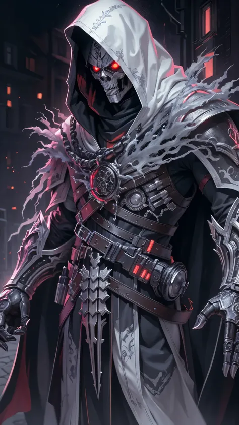 masterpiece, best quality, high resolution, perfect lighting, extremely detailed, (Terminator assasin), battle scared white and black carbon armor, Wearing a dark cloak with hood, skull face just visable under hood, full_armor, humanoid, Metal Human skull ...