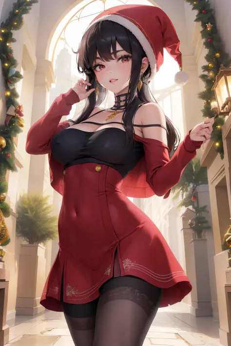 ((La mejor calidad)), ((Obra maestra)), (Detallado), Cara perfecta, Hermosa, ((4k)), SFW, yor briar, navidad, disfraz de navidad, vestida con ropa de navidad, gorro de navidad, ((8k))