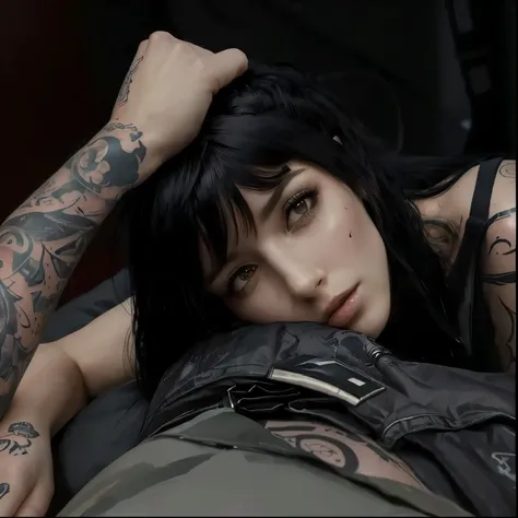 arafed woman with tattoos laying on a bed with a black jacket, hyperrealism artstyle, ultra realistic picture, hyper realistic illustration, hyper-realistic cyberpunk style, hyperrealistic picture, portrait of ultra realistic, cyberpunk style ， hyperrealis...