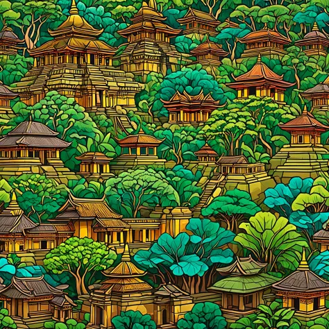 illustrations of ancient historic buildings such as temples in Indonesia with colored images