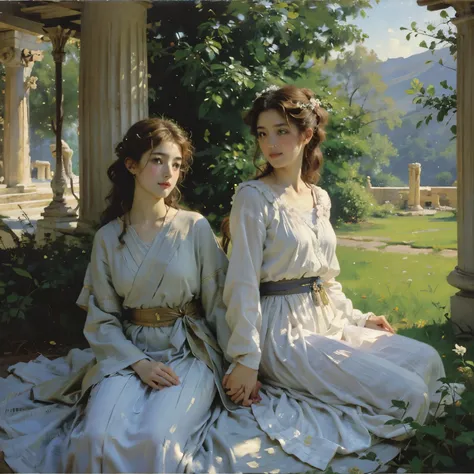 (highest quality、High resolution、masterpiece)、4K Anime Art、(Two beautiful women hold hands and look at each other、20-year-old)、ancient greek scene 、(Detailed depiction of a beautiful face)、Put your hair up、Captivating smile、Ancient Greek Clothing、White tun...