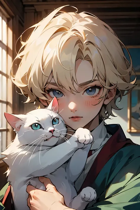 ((best quality)), ((masterpiece)), (detailed), perfect face, boy, anime, holding a cat