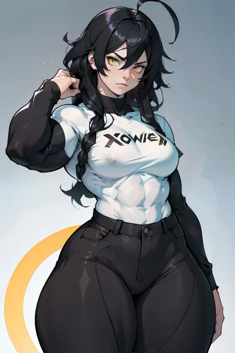 girl ((((muscular 1girl)))) ((((thick thighs toned body)))) (pale skin) black hair yellow eyes very long hair long sleeve tight t-shirt tight pants (ahoge straight hair)