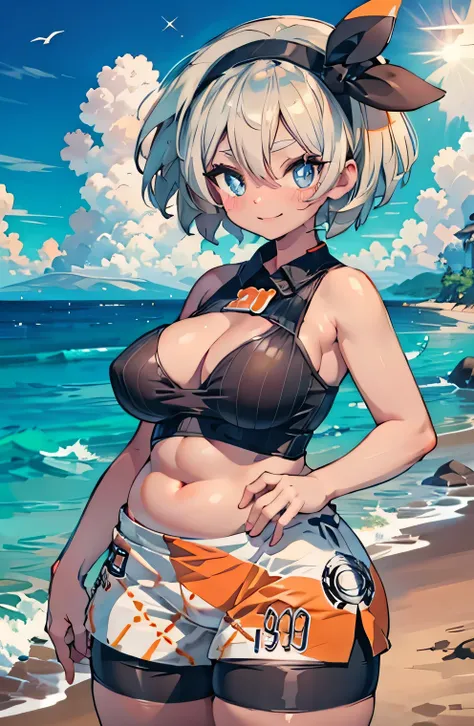 Anime illustration、highest quality、A short and plump female trainer、Tube top、hot pants、Sandy Beach、Perfect proportions、overwhelmingly big breasts、Beautiful, shining eyes、Blushed、smile、Cowboy Shot