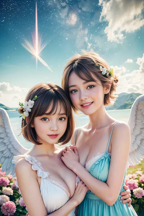 top quality, pastel painting, gentle atmosphere, twin girl angel, cute, Big breast, white wings, smiling happily, brown short hair of different colors, one with blue eyes, one with green eyes, dresses of different colors, flower hair ornament, upper body, ...