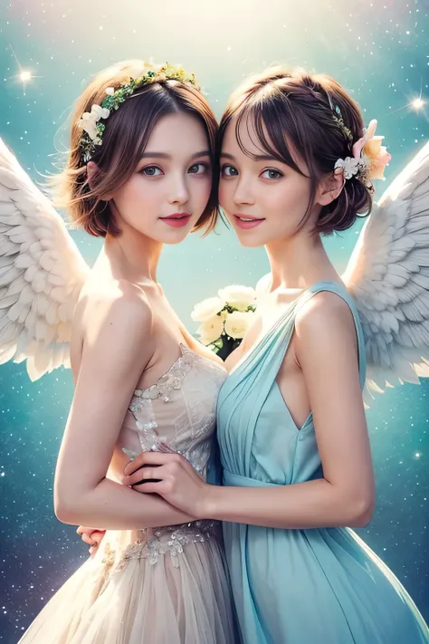 top quality, pastel painting, gentle atmosphere, twin girl angel, cute, Big breast, white wings, smiling happily, brown short hair of different colors, one with blue eyes, one with green eyes, dresses of different colors, flower hair ornament, upper body, ...