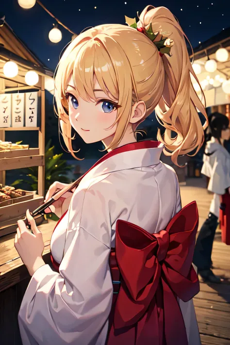 ((highest quality)), ((masterpiece)), (detailed), Perfect Face、Festive night、stall、yukata、ponytail、blonde、Smooth Hair、look back、