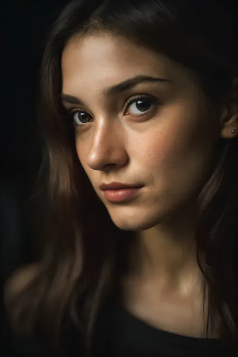 (close-up, editorial photograph of a 21 year old woman), (highly detailed face:1.4) (smile:0.7) (background inside dark, moody, private study:1.3) POV, by lee jeffries, nikon d850, film stock photograph ,4 kodak portra 400 ,camera f1.6 lens ,rich colors ,h...