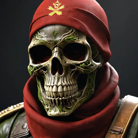 arte reflexivo. Soldado musculoso concaneza de calavera, lleva muchas armas y municiones, On his forehead he wears a red scarf that has the text embroidered "Celery", lleva uniforme militar, Behind him in the flames you can see the face of a demon. Render ...