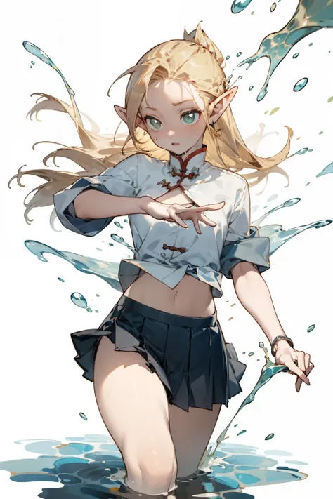 (masterpiece, best quality) detailed,silver accessories , Blonde ,elegant, Pointed ears ，Chinese element pattern，White shirt，Bikini，Pleated Skirt，Water leaking in the thighs