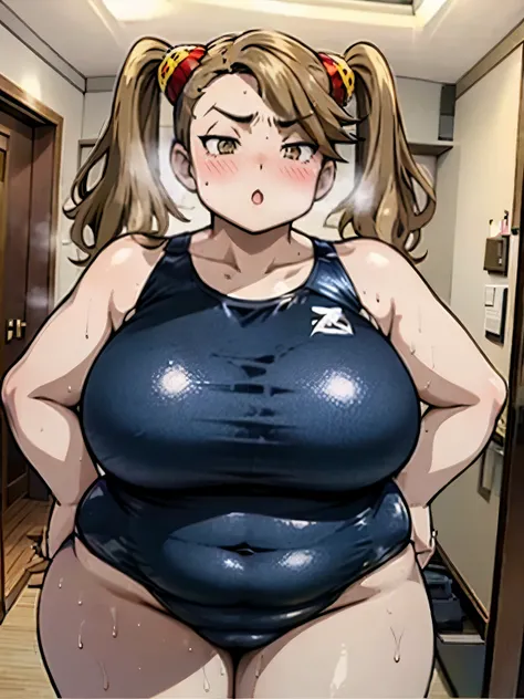 A girl wearing a school swimsuit, Big booty, Curvaceous loot, Brown Hair,Light brown eyes,Muscular!!,Blushed,Troubled expression,steam,Sweat,Steam coming from the body,Big Ass!!,pigtails,BIG Boned,farting