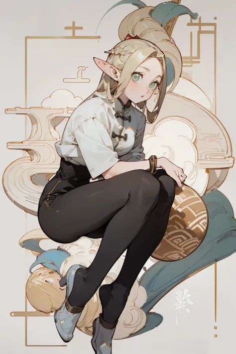 (masterpiece, best quality) detailed, Wearing black tights, silver accessories , The zipper is not closed , Blonde ,elegant, Pointed ears ，whole body，Chinese element pattern，thigh，漏出thigh，White shirt