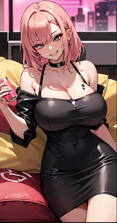 short hair、messy hair、cute girls、girl、gal girl、(big cleavage、tight clothes、(full shot, /red eyeliner/、/fluorescent pink glossy l...