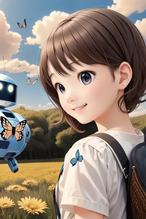 Girl and robot collaboration photo、comical、A butterfly lands on the robot&#39;s head、The girl who saw it laughed.
