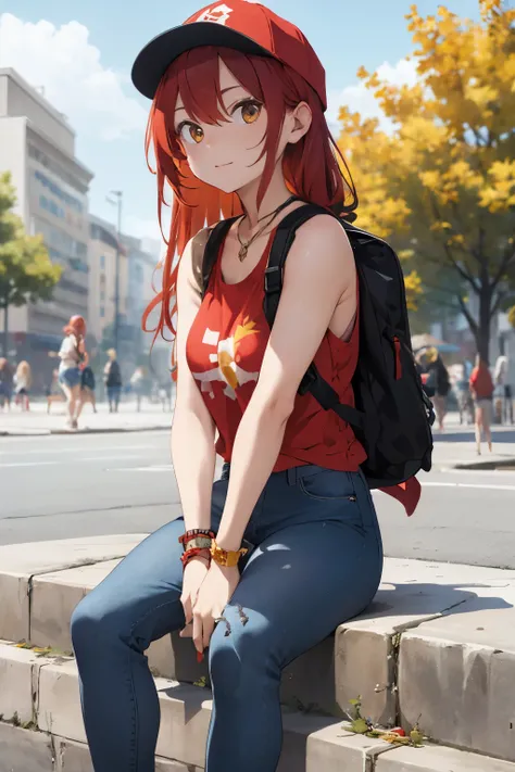 girl, red hair, long hair, skateboarding, jeans pants, yellow tank top, cap, backpack, bracelet, necklace,

full body, sitting in the park, holding juice, 