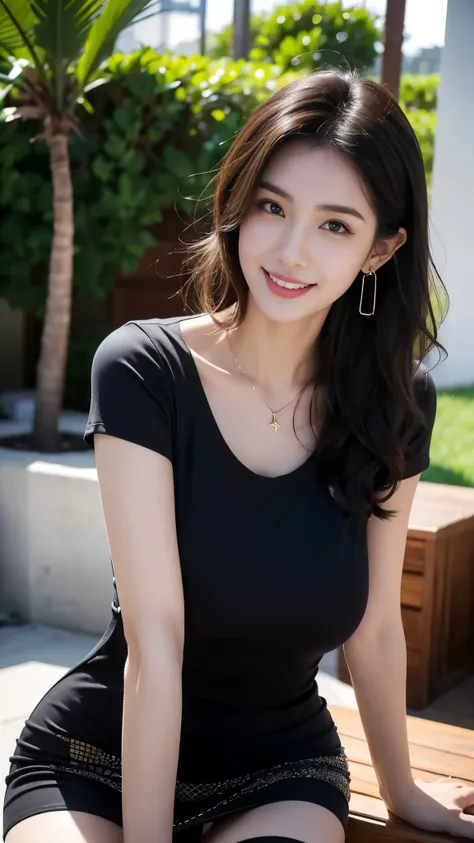 A beautiful girl，Smile，Regular facial features，Trendy clothing，Fashion brand dress，Best picture quality，High quality and exquisite details，Perfect body proportions，high resolution，Looking at the camera，Standing，Rich details，Big breasts。