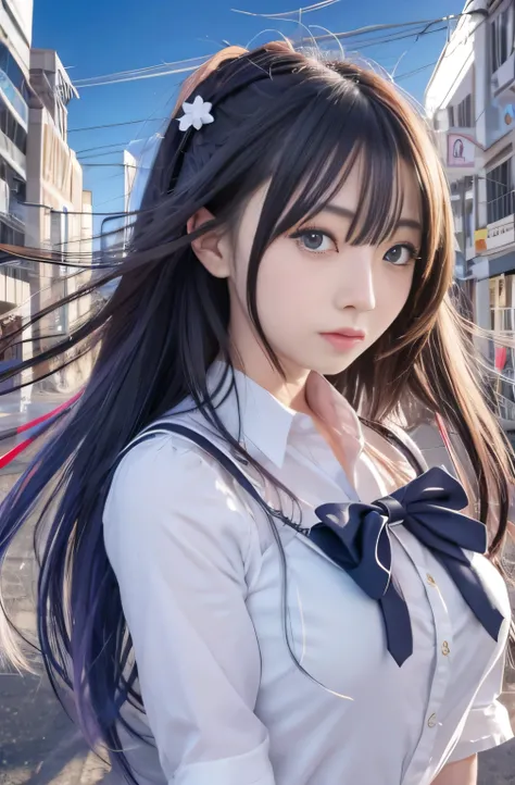 ((RAW Image Quality:1.4)), Girl with long hair and blue eyes standing in front of a colorful background, uniform, Big Breasts, Hair blowing in the wind, Cute girl visuals, Moe art style, Smooth Art Photography, Hololive, Visual novel, Beautiful school girl...