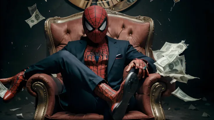 create a youtube thumbnail spiderman wearing a suit while sitting on a fancy chair, surrounding him is a lot of money falling from the sky. More money surrounding him
Money raining from the sky