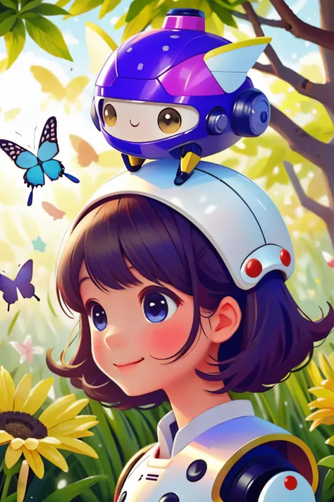 Girl and robot collaboration photo、comical、A butterfly lands on the robot&#39;s head、The girl who saw it laughed.
