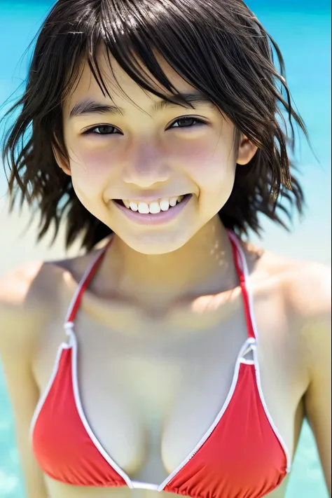 Raw photo、distinct、Japanese、((Japanese))、Shortcuts、boyish、15 years old、Toothy smile、looking at the camera、Swimwear、スクールSwimwear、beautiful girl、Clear photos、face、Close-up、((Small breasts))