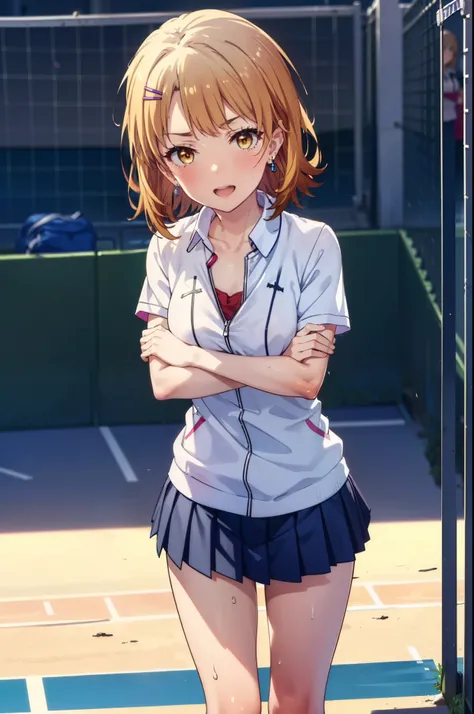 irohaisshiki, Iroha Isshiki, short hair, Brown Hair, (Brown eyes:1.5), happy smile, smile, Open your mouth,smile,
Tennis uniform, Hair Clip, Earrings, jewelry, nm1, Hair Ribbon, short hair, tennis cosplay, (Pleated super short skirt:1.4), (Thighs:1.3), (la...