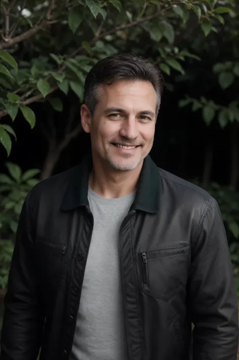 8K Ultra HD, Digital SLR, high quality , RAW Photos, Realistic photos ,Fujifilm XT3, Canon R5, Handsome man, 50 years old，smile，Italian，Walking with Shih Tzu，Lush green garden, Dawn