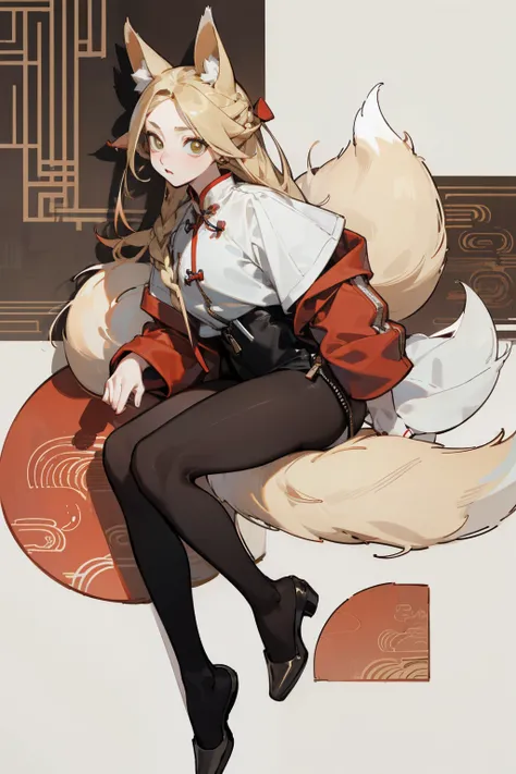 (masterpiece, best quality) detailed, Wearing black tights, silver accessories , The zipper is not closed , Blonde ,elegant, (Fox ears)，Red Eyeshadow, ，whole body，Chinese element pattern，thigh，漏出thigh，White shirt