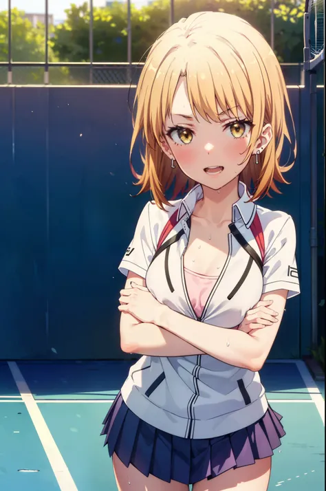 irohaisshiki, Iroha Isshiki, short hair, Brown Hair, (Brown eyes:1.5), happy smile, smile, Open your mouth,smile,
Tennis uniform, Hair Clip, Earrings, jewelry, nm1, Hair Ribbon, short hair, tennis cosplay, (Pleated super short skirt:1.4), (Thighs:1.3), (la...