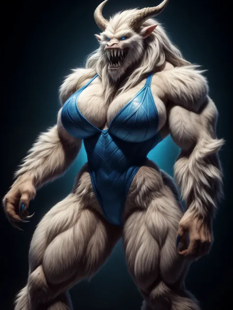 Photo, Solo, Woman Transformed into a Yeti Monster, Patterned Highcut Leotard, Large Breasts, Super Muscular, Broad Hips, Fur, Long Hair, Claws, Sharp Teeth, Strong Jaws, Horns, Sagittal Crest, Blue Eyes,