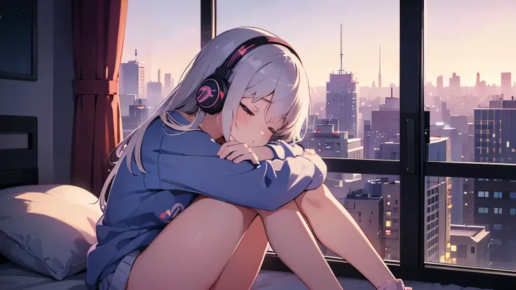 portrait512 LoFi image, girl wearing headphones sitting on her bed, with her hands around her knees, eyes closed, feeling the music, an apartment window with the night time city skyline, pastel colors, watercolor