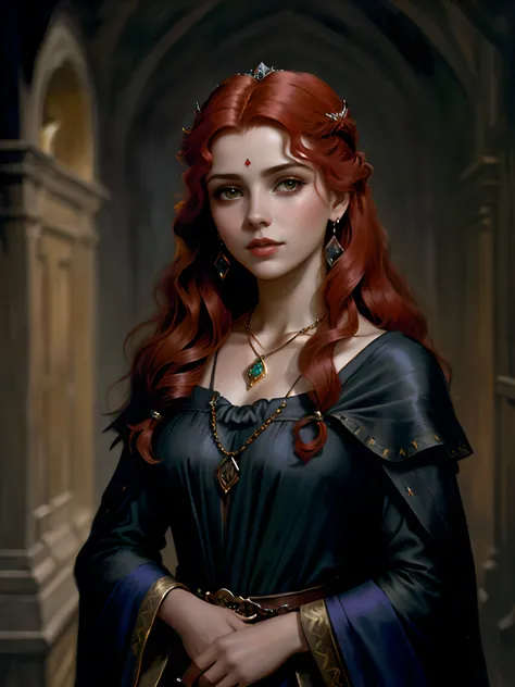 pintura de uma jovem mulher com cabelo vermelho e um estrangulamento em um vestido preto, Estilo de arte de John Collier, Donzela com cabelo de cobre, estilo de Karol Bak, uma jovem ruiva, Retrato de uma jovem bruxa, Non-Bowater art style, Dirigido por: Ro...