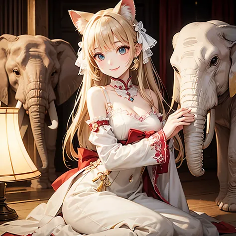 cat with ivory ribbon、ivory hair、ivory eyes、ivory clothes、elephant、smile、asia、princess