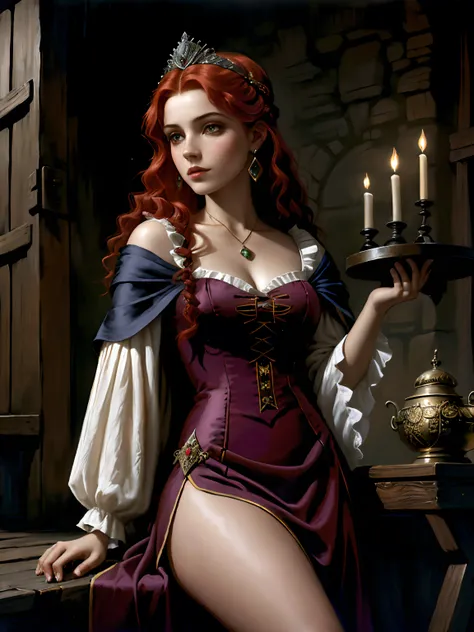 pintura de uma mulher com cabelo vermelho e um estrangulamento em um vestido preto, Estilo de arte de John Collier, Donzela com cabelo de cobre, estilo de Karol Bak, uma jovem ruiva, Retrato de uma jovem bruxa, No Bowater Art Style, Dirigido por: Roberto L...